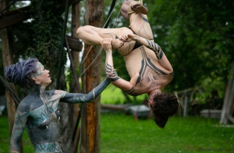 Naked Girls Are Suspended From A Backyard Tree With Block And Tackle