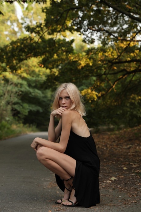 Skinny Blonde Teen Nora Doffs A Little Black Dress To Get Naked Outdoors