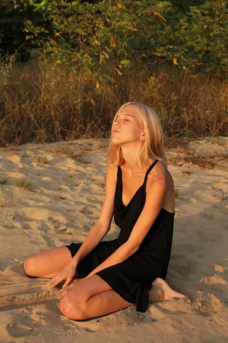 Skinny Blonde Teen Nora Doffs A Little Black Dress To Get Naked Outdoors