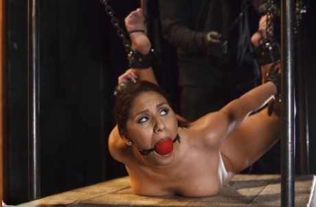 Ball gaggedness is observed during compression bondage and sensory experience where a naked girl participates in the act of sensory play.
