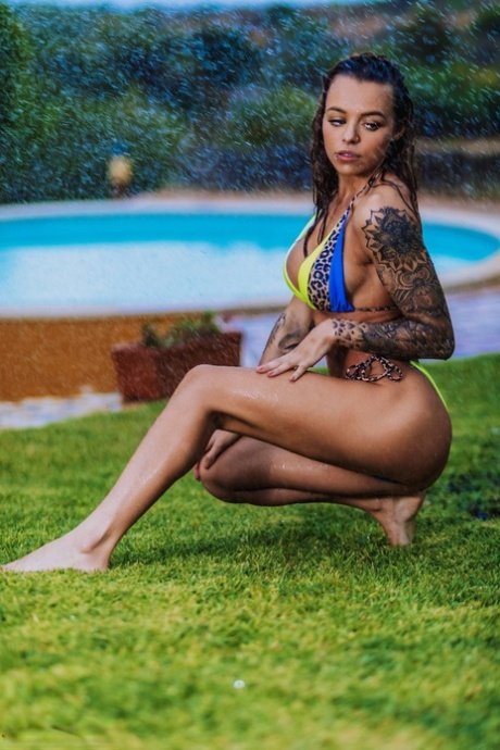 Tattooed Chick Mia Stryker Takes Off Her Bikini On A Lawn After Getting Soaked