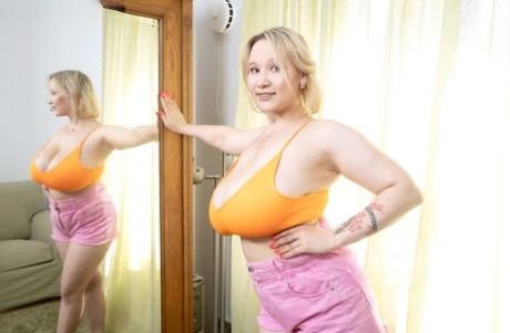 Natural Blonde Katie Rose Sets Her Giant Breasts Free Of A Halter Top