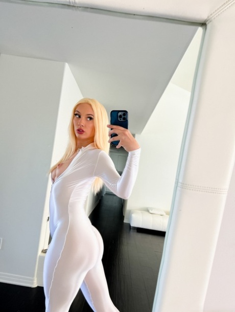 Sexy Blonde Jazmin Luv Unzips A White Bodystocking During POV Sex