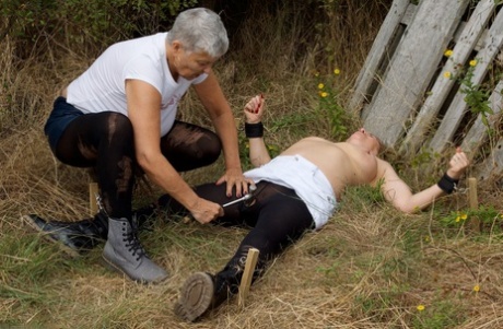 Old British Woman Restrains Busty Mature Lady Speedy Bee While In The Outdoors