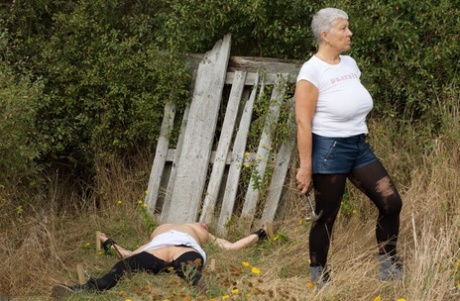 Old British Woman Restrains Busty Mature Lady Speedy Bee While In The Outdoors