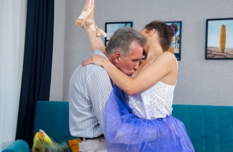 A young ballerina and a senior citizen have sex.
