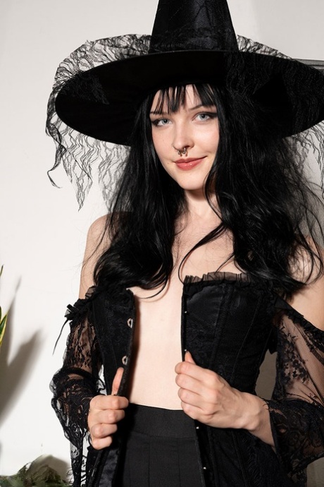 Beautiful Dark Haired Teen Witch Amelia Riven Strips To Her Stockings