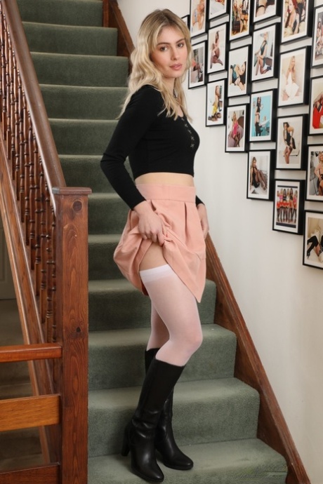 Beautiful Blonde Pippa Doll Strips To A Garter Belt And White Nylons