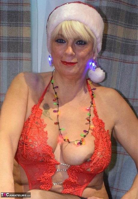 Older Blonde Dimonty Looses Her Natural Tits From Lingerie At Christmas