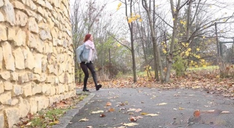 Pale Redhead Katy Rose Gets Caught Taking A Pee On Leaves During The Day