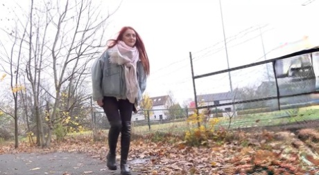 Pale Redhead Katy Rose Gets Caught Taking A Pee On Leaves During The Day