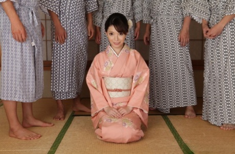 Japanese Chick Hikaru Kirishima Is Partially Relieved Of Her Kimono By Men