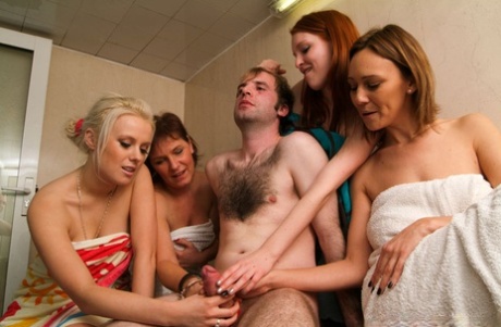A Unisex Sauna Is A Great Place For ACFNM Handjob From Four Sexy Ladies