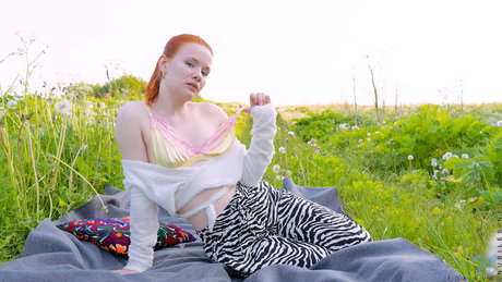 Pale Redhead Fox Eva Masturbates With A Vibrator On A Blanket In The Outdoors 57051844