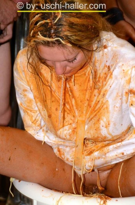 Restrained Chick Arabella May Is Covered In Spaghetti During A Blowbang