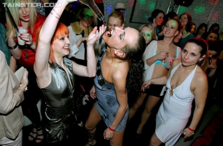 Horny Party Girls Enjoy Raunchy Interracial Cock Sucking At Drunken Club Orgy