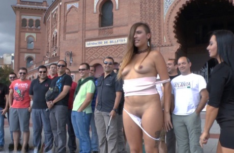 Prior to forced heterosexual and lesbian sex, a hot Spanish girl is publicly shamed.