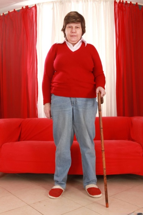 Old Granny Miluska Peels Jeans To Pose With Cane In Her Underwear And Slippers
