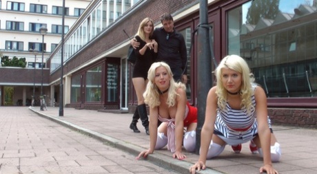 In public, blondes who are submissive are subjected to humiliation and gangbanging.