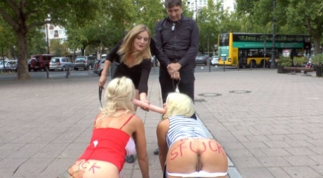 Girls with submissive blonde hair are subjected to humiliation and gangbanging in public.