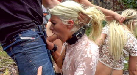 Prior to outdoor blowjobs and public fucking, blonde slaves are publicly paraded.