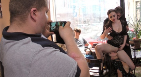 A brunchet girl is shamed in public as she performs a multitude of sexual acts.
