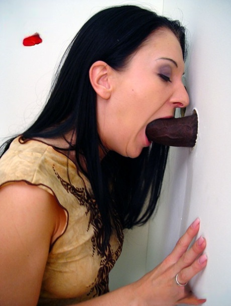 Using the use of a gloryhole in one of those bathrooms, Renee (with dark hair) removes a black penis from her vagina.