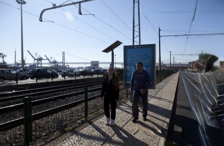 Erica, who is naturally blonde, engages in fucking with a stranger she met in the bathroom of a train station.