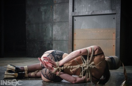 India Summer, a dark-haired female with blonde hair, is tied up with rope in a dungeon.