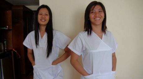 The threesome, consisting of Asian nurses Joanna and Joy who shed their pants for a hairy pussy encounter.