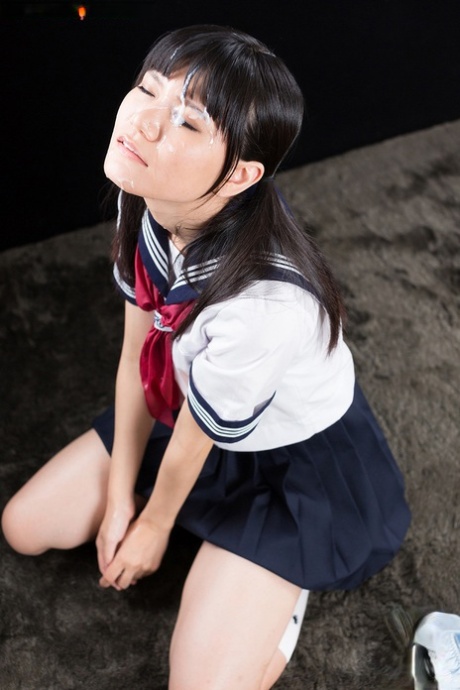 Cute Japanese Schoolgirl Bares Her Pussy Before Getting Cum On Face After A HJ