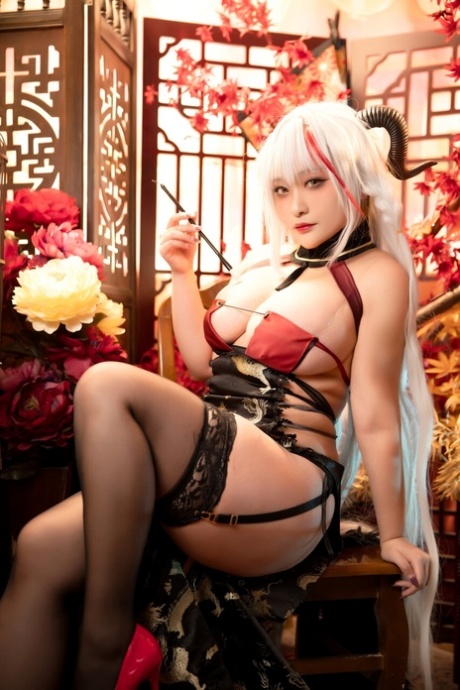 Blonde Asian Wife Poses In Her Amazing Lingerie In Solo Cosplay Action