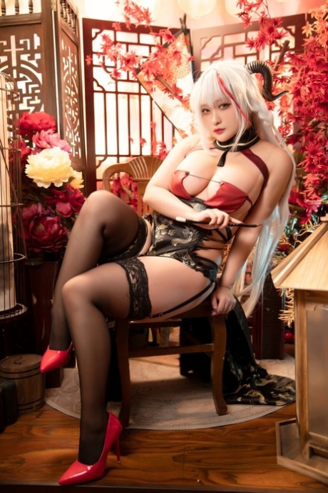 Blonde Asian Wife Poses In Her Amazing Lingerie In Solo Cosplay Action