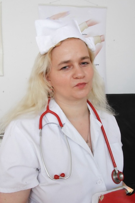 During the examination room, Elena stripped down the nurse's uniform as an older blonde.