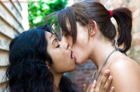 Indian Lesbian Kiki Tongue Kissing White Girlfriend Lou-Ellyn Outdoors