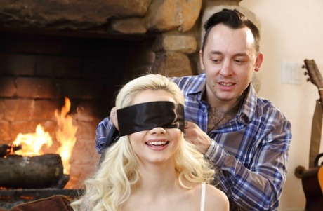 Blindfolded blonde teen Elsa Jean taking cum on face after giving oral sex