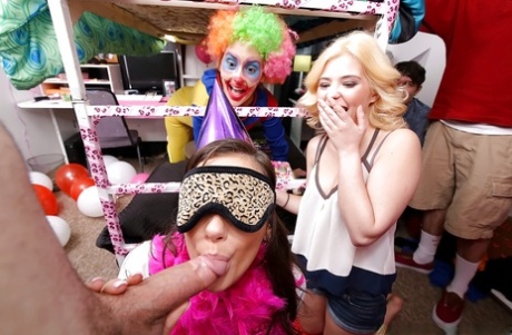 Coed Gia Paige and blindfolded gf suck cock and lick twat at birthday party