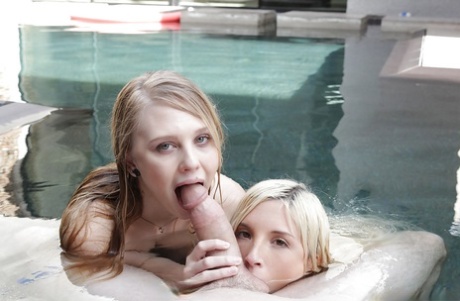 The pornstars, Lily Rader and Piper Perri, are seen giving BJ a round of ball licking in the pool.