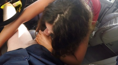 BJ was given a facial expression by Kylie, an amateur brunette, while she flashed white upskirt panties in the car.
