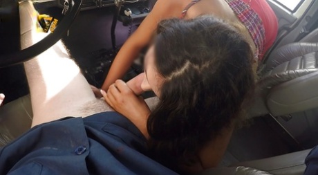 During her car ride, Kylie, an amateur brunette, donned white upskirt panties while giving BJ a kiss.