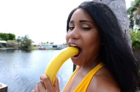 Black Chicks Tara Fox And Indigo Vanity Suck On Bananas Attired In Swimsuits
