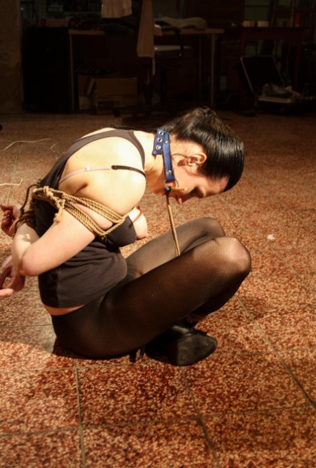 In a fight, a brunette woman in pantyhose is tied up with rope and left to stand.