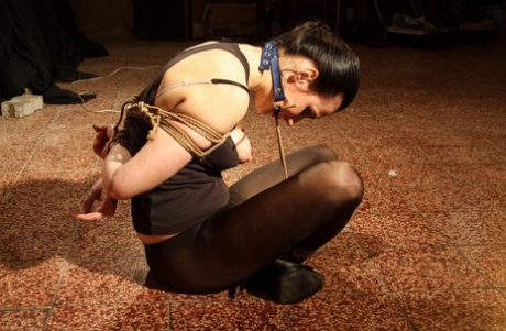 An exposed brunette woman in pantyhose is restrained with rope and left to face a struggle.