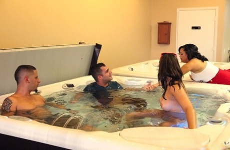 Sex games are played in a hot tub where an amateur woman is stripped naked.