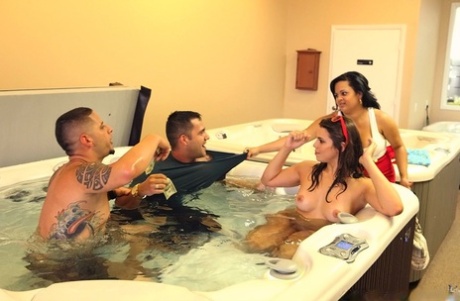Uncommonly stripped naked, an amateur female participates in sex games in a hot tub.