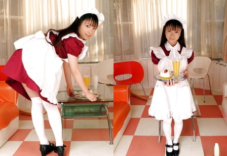 Teenage asian maid with tiny tits Emiru Momose slipping off her uniform