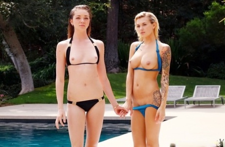 Lesbian Sweeties In Bikinis Stripping And Kissing By The Pool