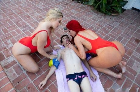 Lifeguards with big tits Savannah Bond & Nicolette Shea fuck a tiny boy's dick