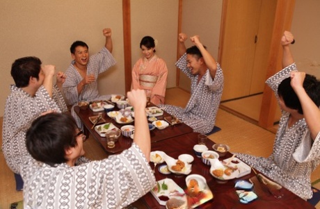 Numerous guys attempt to seduce Hikaru Kirishima, the wife of Japan, after she removes her robe.