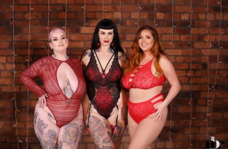 Three high-stresses expose their opulent breast enhancements in shades of red.